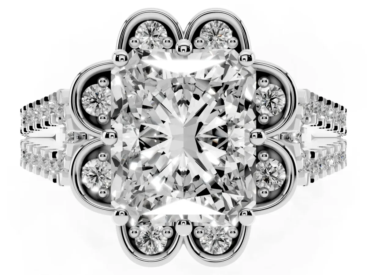 Radiant Cut Halo Diamond Floral Split Shank Engagement Ring Silver