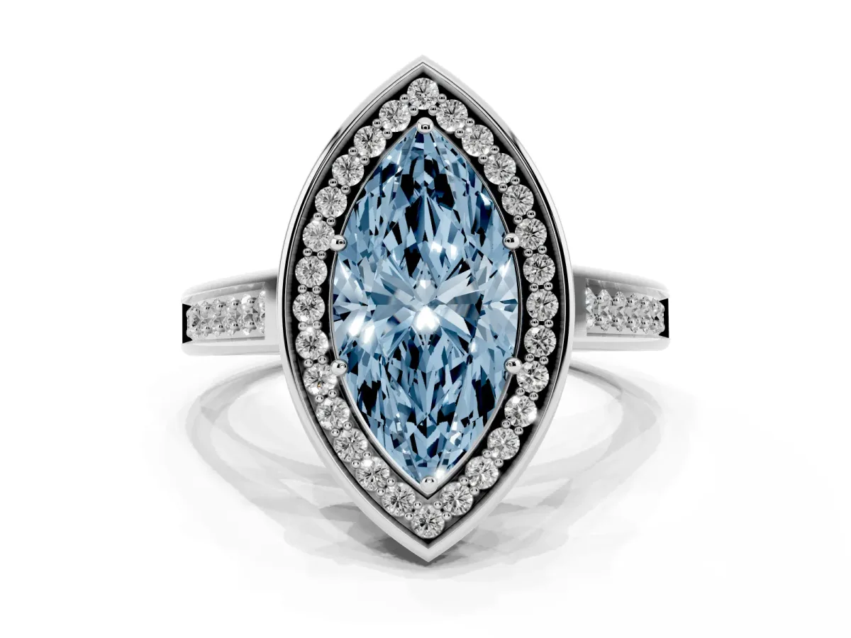 Fancy Blue Marquise Cut Halo Solitaire Diamond Ring with Pave Band and Bezel Setting Silver