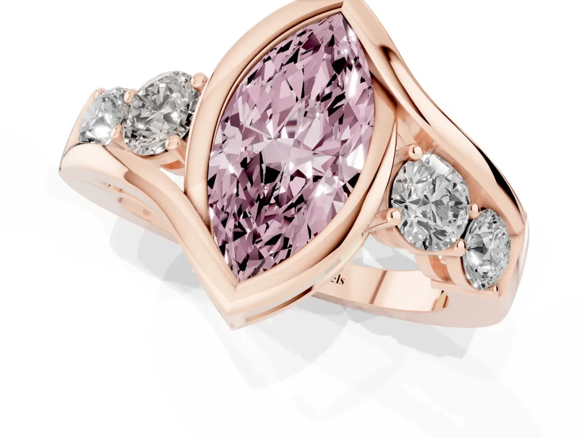 Fancy Pink Bezel Set Marquise Cut Diamond Bypass Ring with Round Accents Rose gold