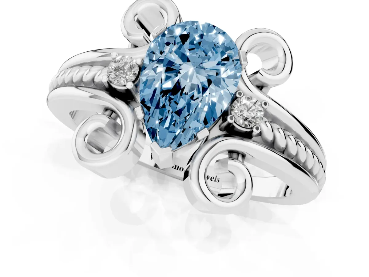 Fancy Blue Pear Cut Solitaire Twisted Band Scroll Prong Ring Platinum