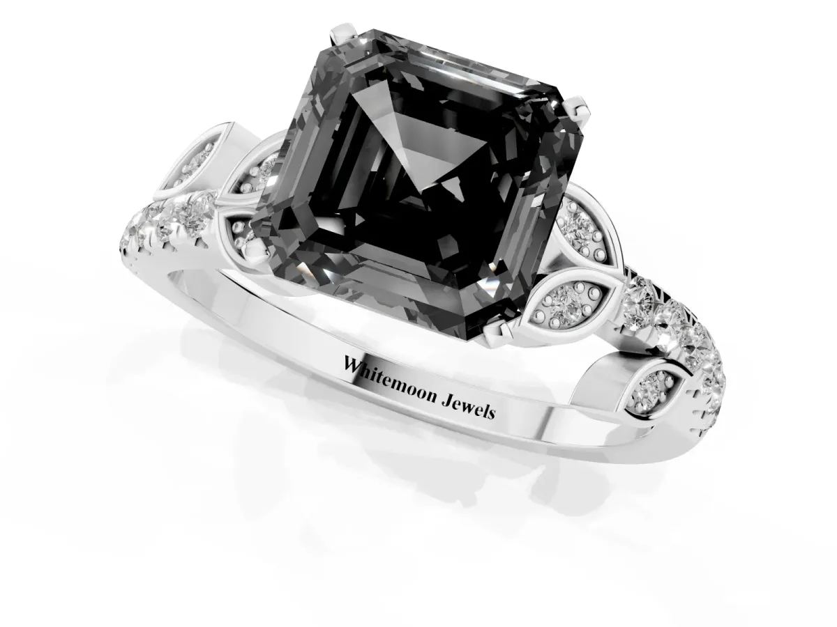 Fancy Black Asscher Cut Solitaire Leaf-Inspired Diamond Ring with Pavé Band and Four-Prong Setting Silver