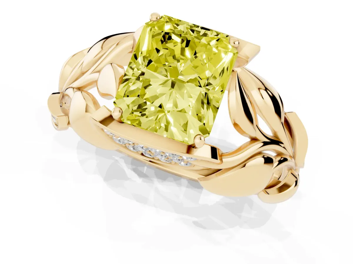 Fancy Yellow Radiant Cut Diamond Leaf-Inspired Engagement Ring with Round Accents and Prong Setting Yellow gold