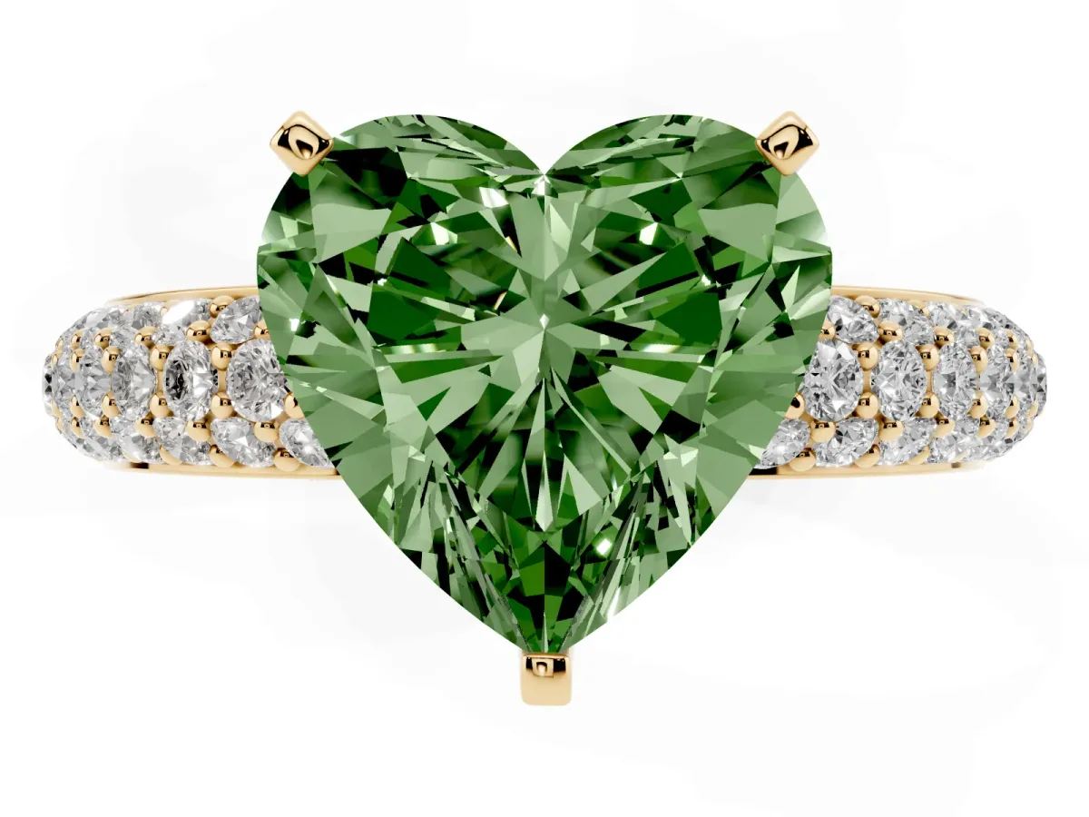 Fancy Green Heart Cut Diamond Solitaire Ring with Prong Setting and Pavé Band Yellow gold