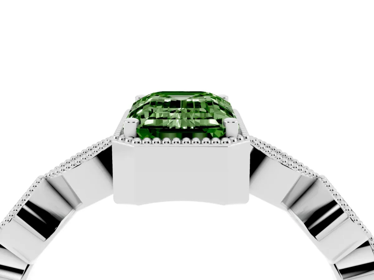 Fancy Green Emerald Cut Diamond Vintage Milgrain Ring with Round Stations Silver