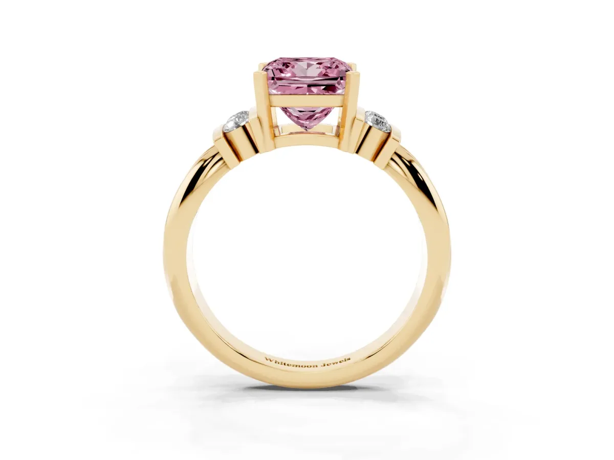 Fancy Pink Princess Cut Cut Three-Stone Channel Set Ring with Bar Prongs Yellow gold