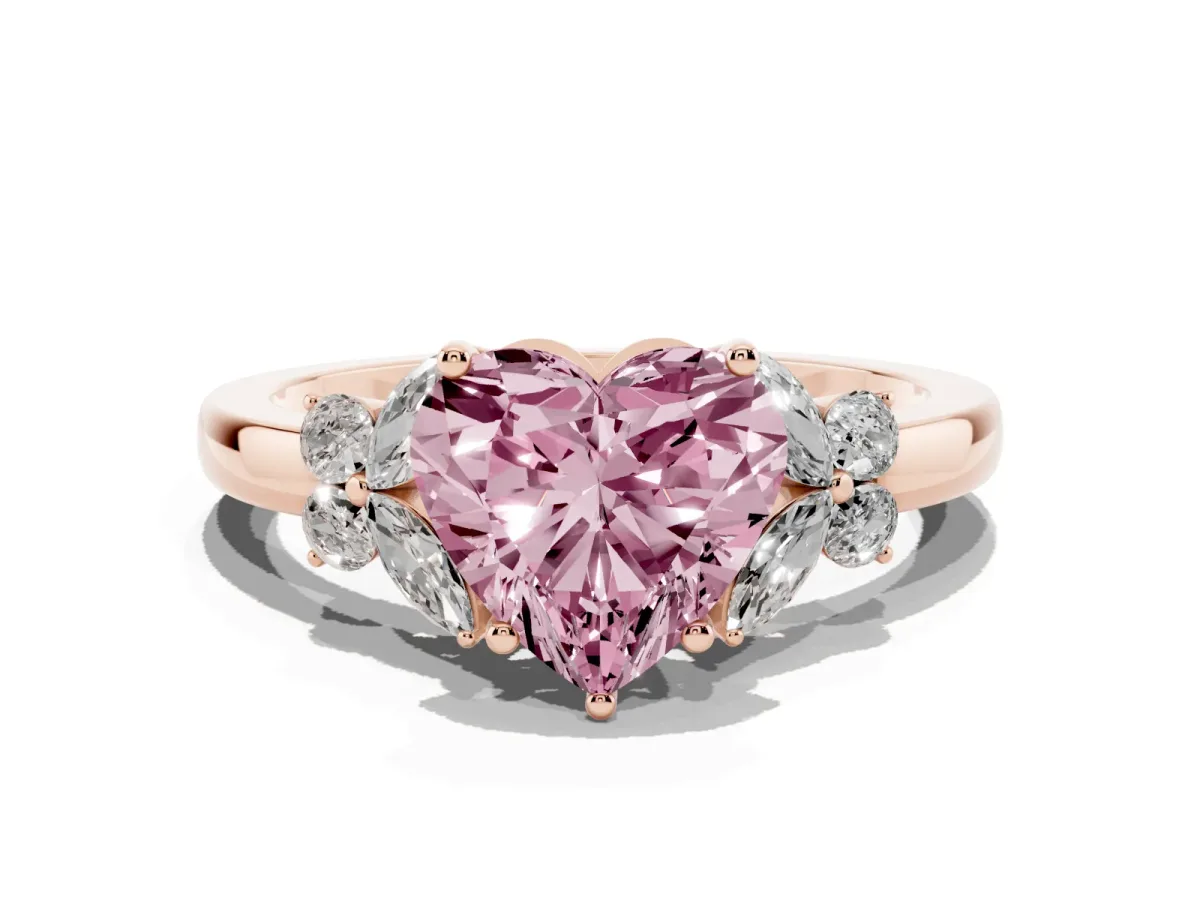 Fancy Pink Heart Cut Cut Solitaire Floral Diamond Ring with Four-Prong Setting Rose gold