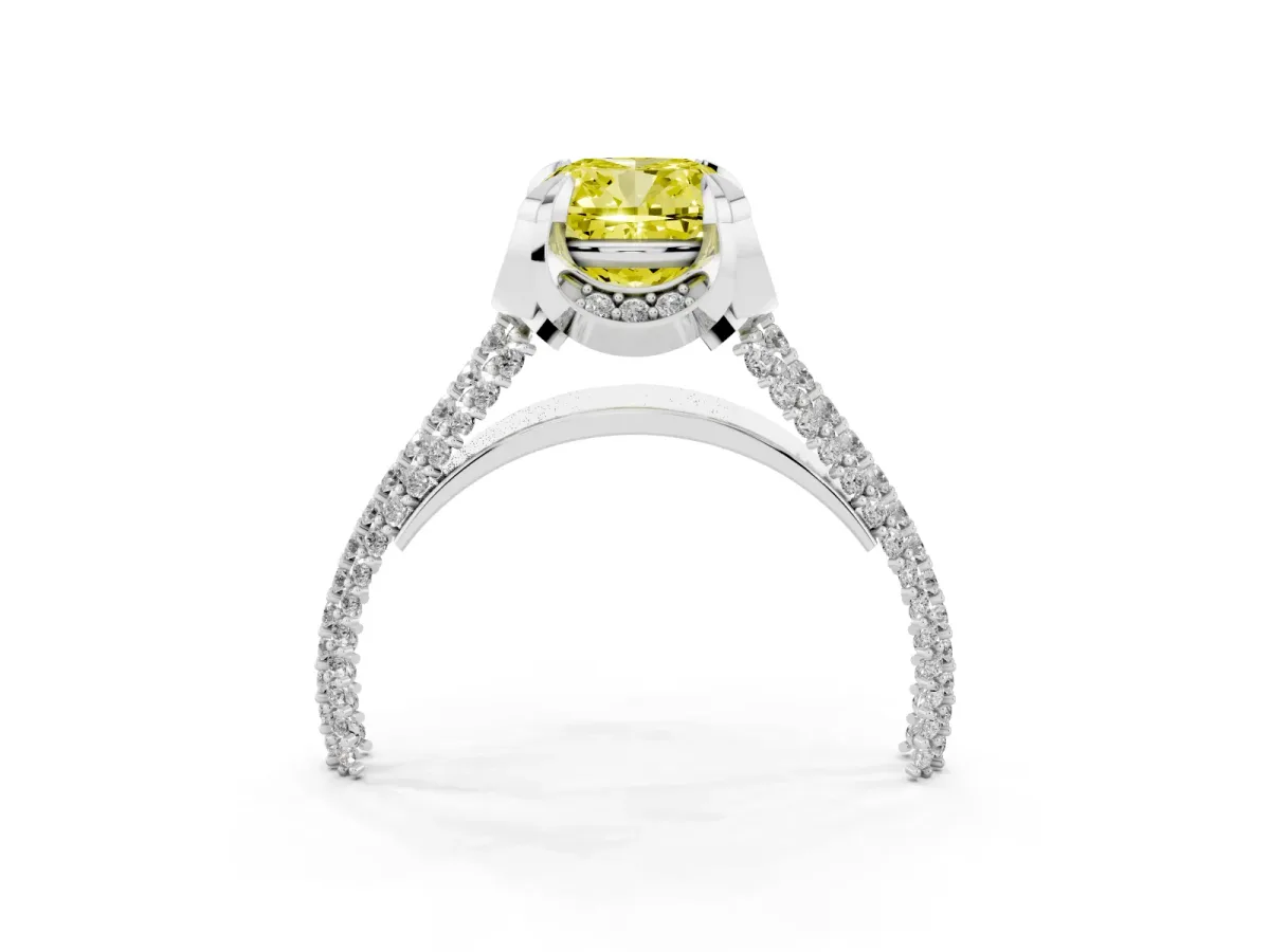 Fancy Yellow Cushion Cut Solitaire Pave Split Shank Ring with Four-Prong Setting Silver