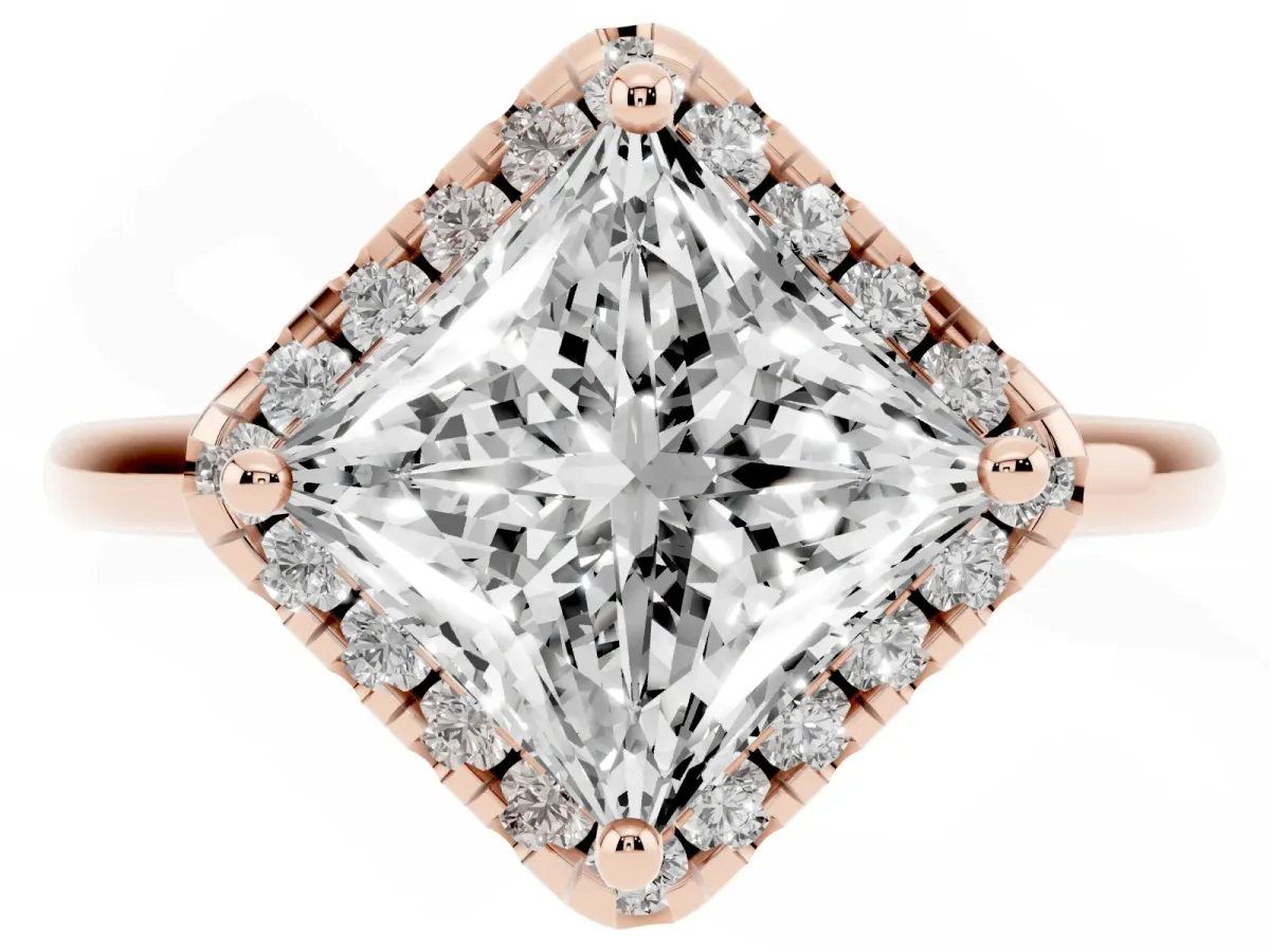 Princess Cut Halo Round Diamond Solitaire Engagement Ring with Pave Band and Four-Prong Setting Rose gold