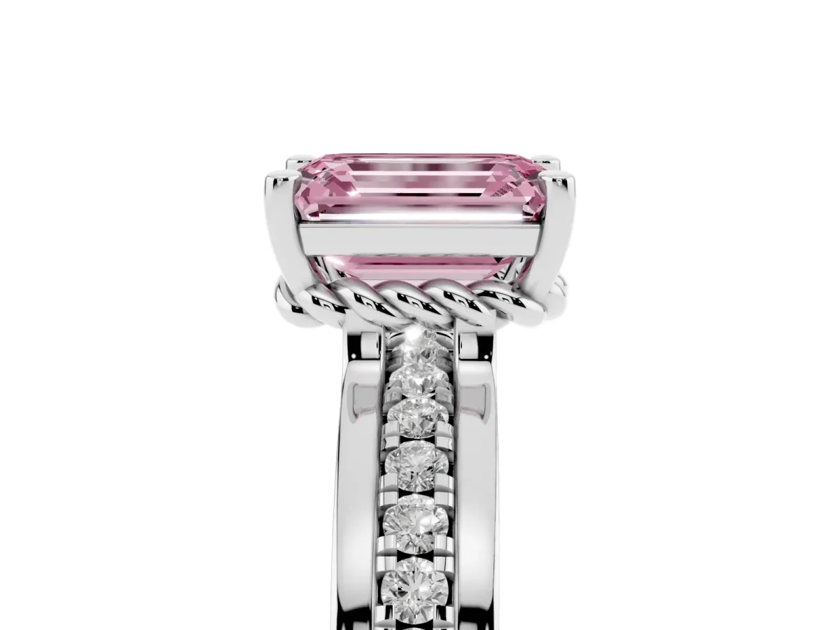 Fancy Pink Emerald Cut Solitaire Diamond Ring with Channel Set Band and Six-Prong Setting Silver