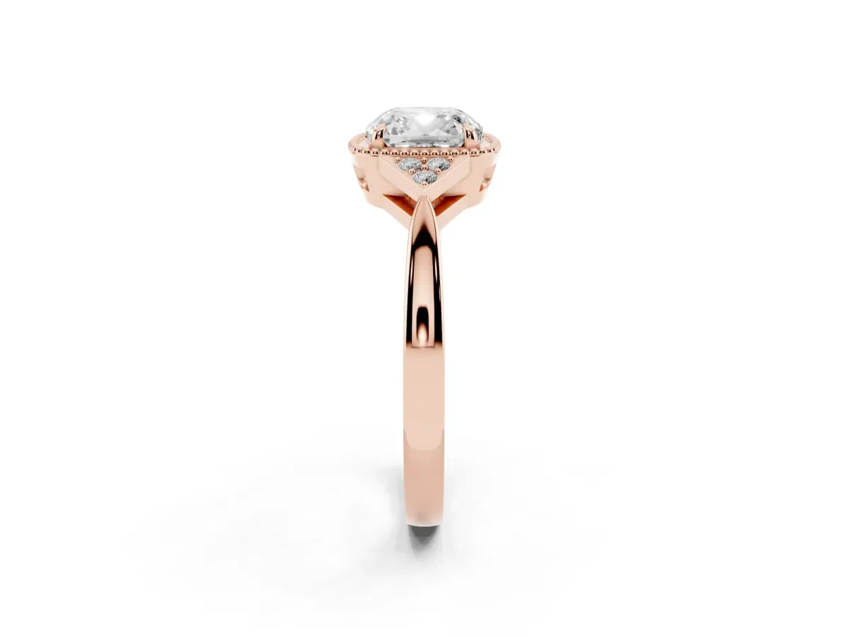 Hexagonal Halo Cushion Cut Diamond Solitaire with Pavé Band and Four-Prong Setting Rose gold