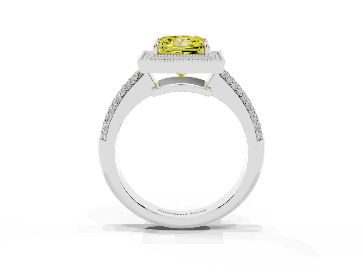 Fancy Yellow Princess Cut Cut Halo Diamond Pave Band with Four-Prong Setting Silver