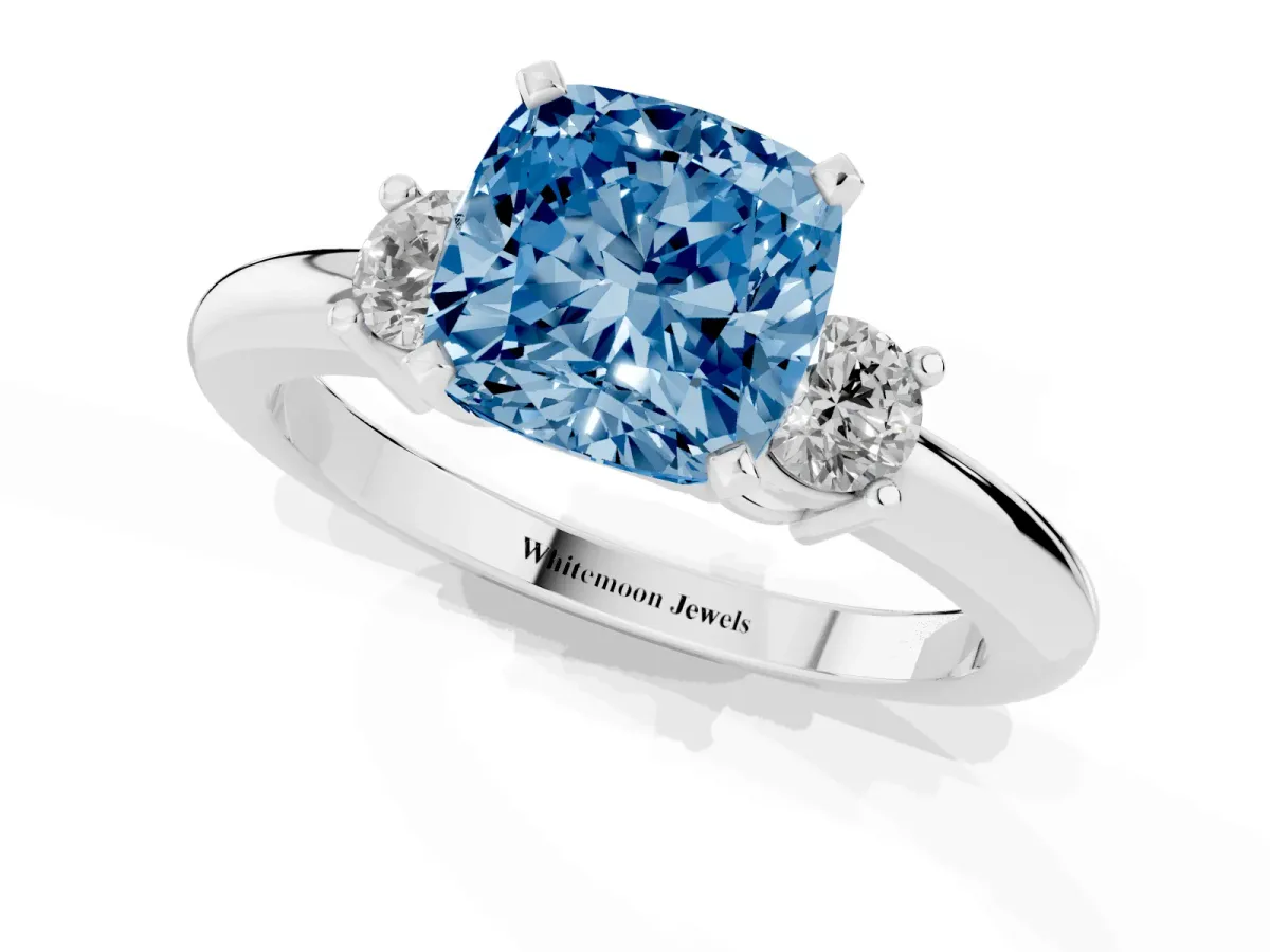 Fancy Blue Three-Stone Cushion Cut Cut Diamond Solitaire with Prong Setting and Classic Band Silver