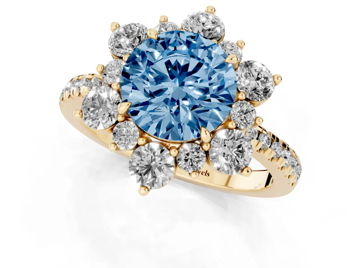 Fancy Blue Round Cut Diamond Floral Halo Ring with Round Pavé Band and Prong Setting Yellow gold
