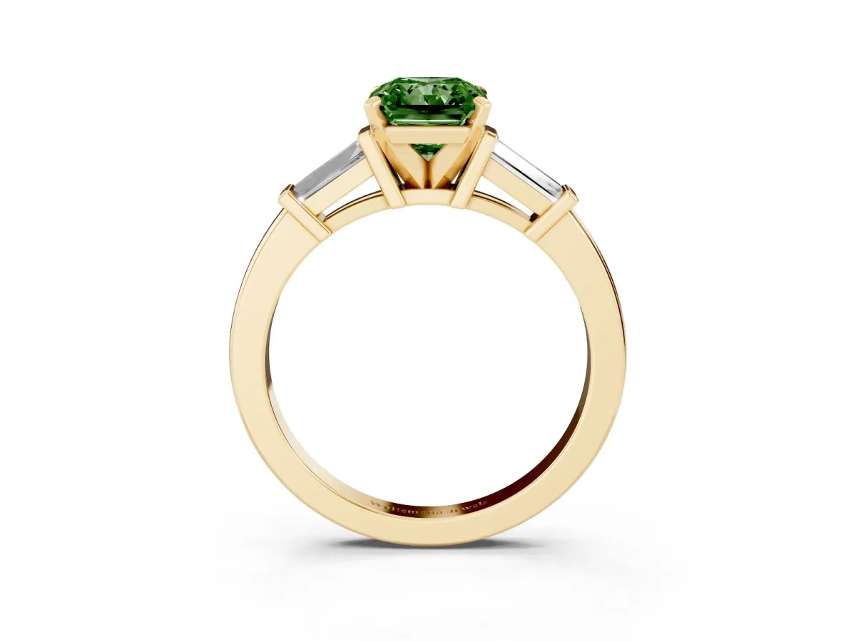 Fancy Green Radiant Cut Cut Diamond Solitaire Ring with Tapered Baguette Accents and Four-Prong Setting Yellow gold
