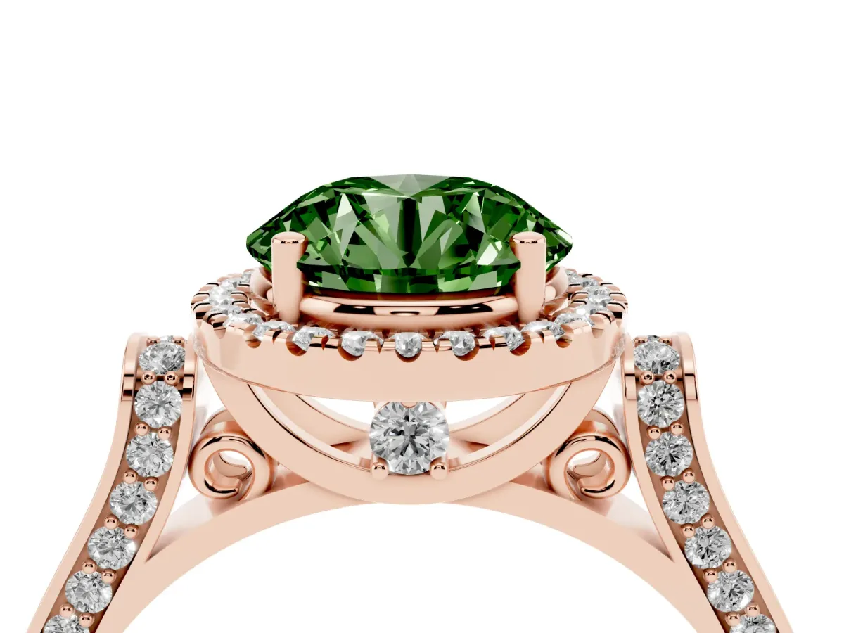 Fancy Green Round Cut Halo Pave Split Shank Prong Setting Ring Rose gold