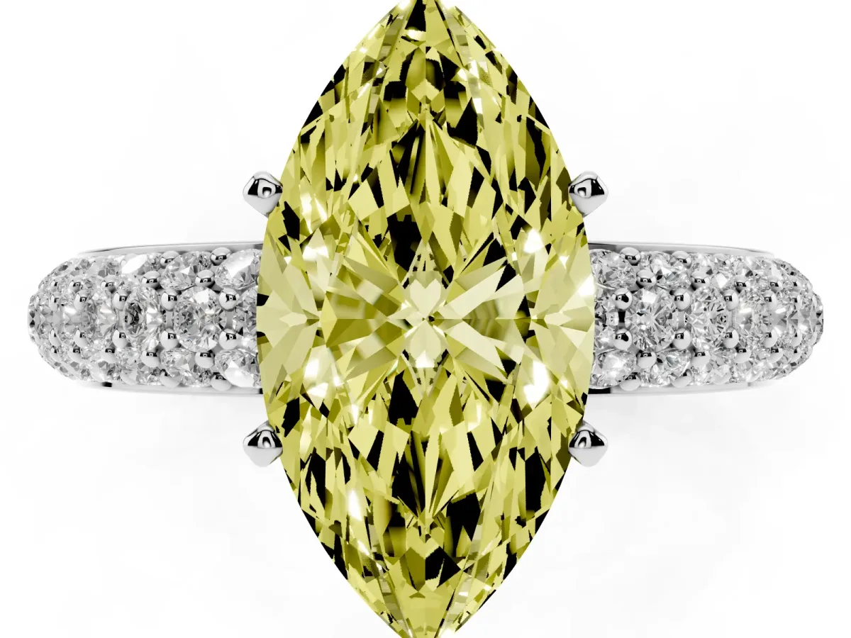 Fancy Yellow Marquise Cut Diamond Solitaire Ring with Prong Setting and Pavé Band Silver