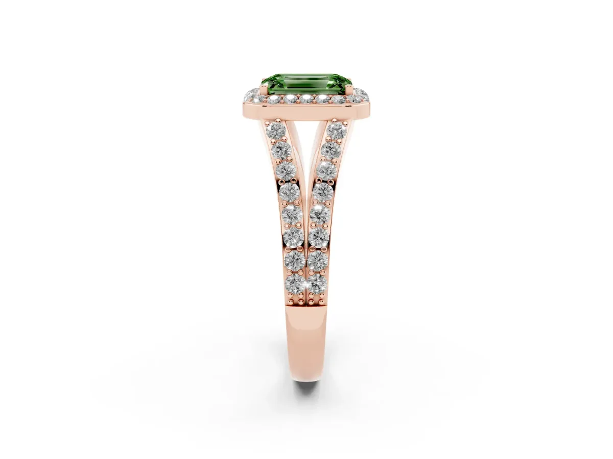 Fancy Green Emerald Cut Diamond Split Shank Halo Ring with Four-Prong Setting Rose gold