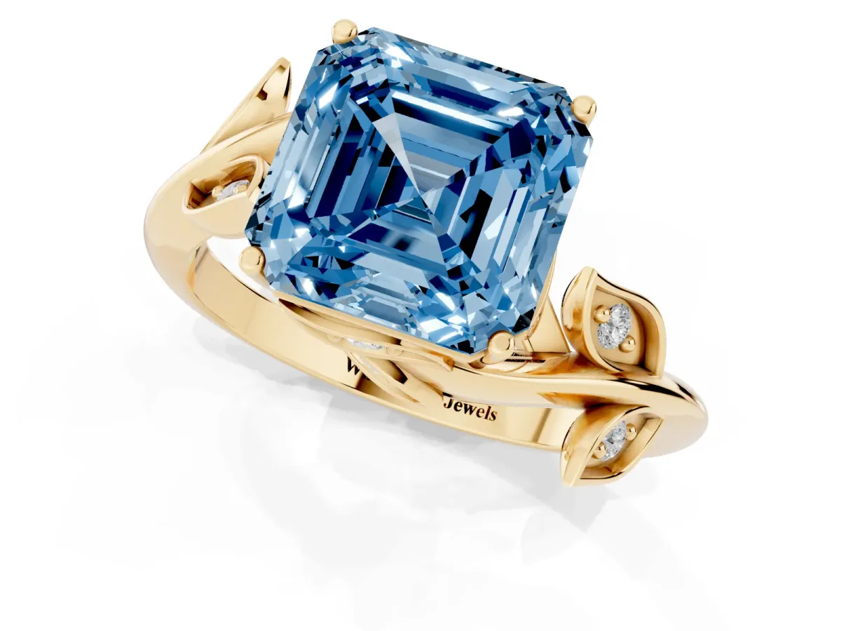 Fancy Blue Asscher Cut Solitaire Twist Engagement Ring with Leaf Accents and Prong Setting Yellow gold