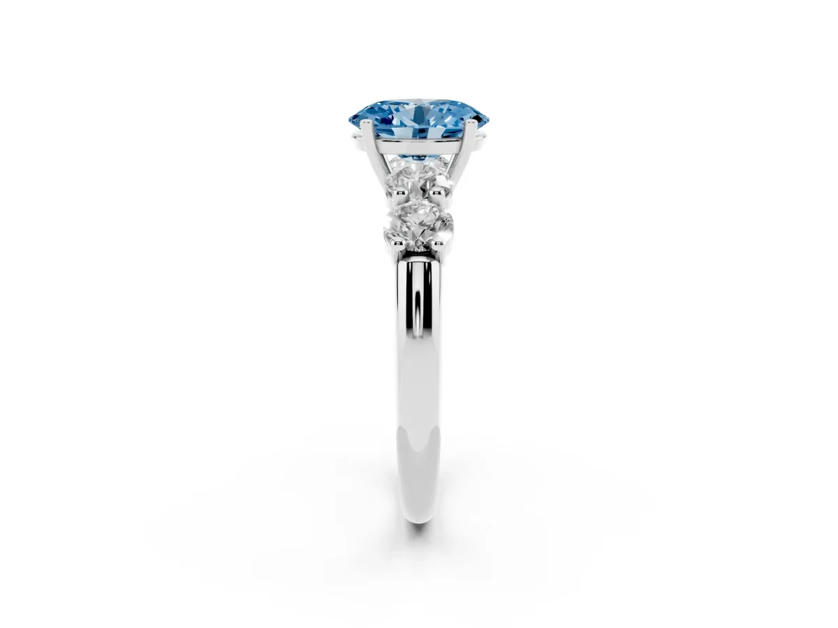 Fancy Blue Oval Cut Cut Five-Stone Prong Set Diamond Ring with Classic Band Silver
