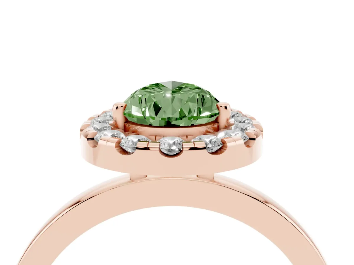 Fancy Green Pear Cut Halo Diamond Solitaire with Pavé Band and Four-Prong Setting Rose gold