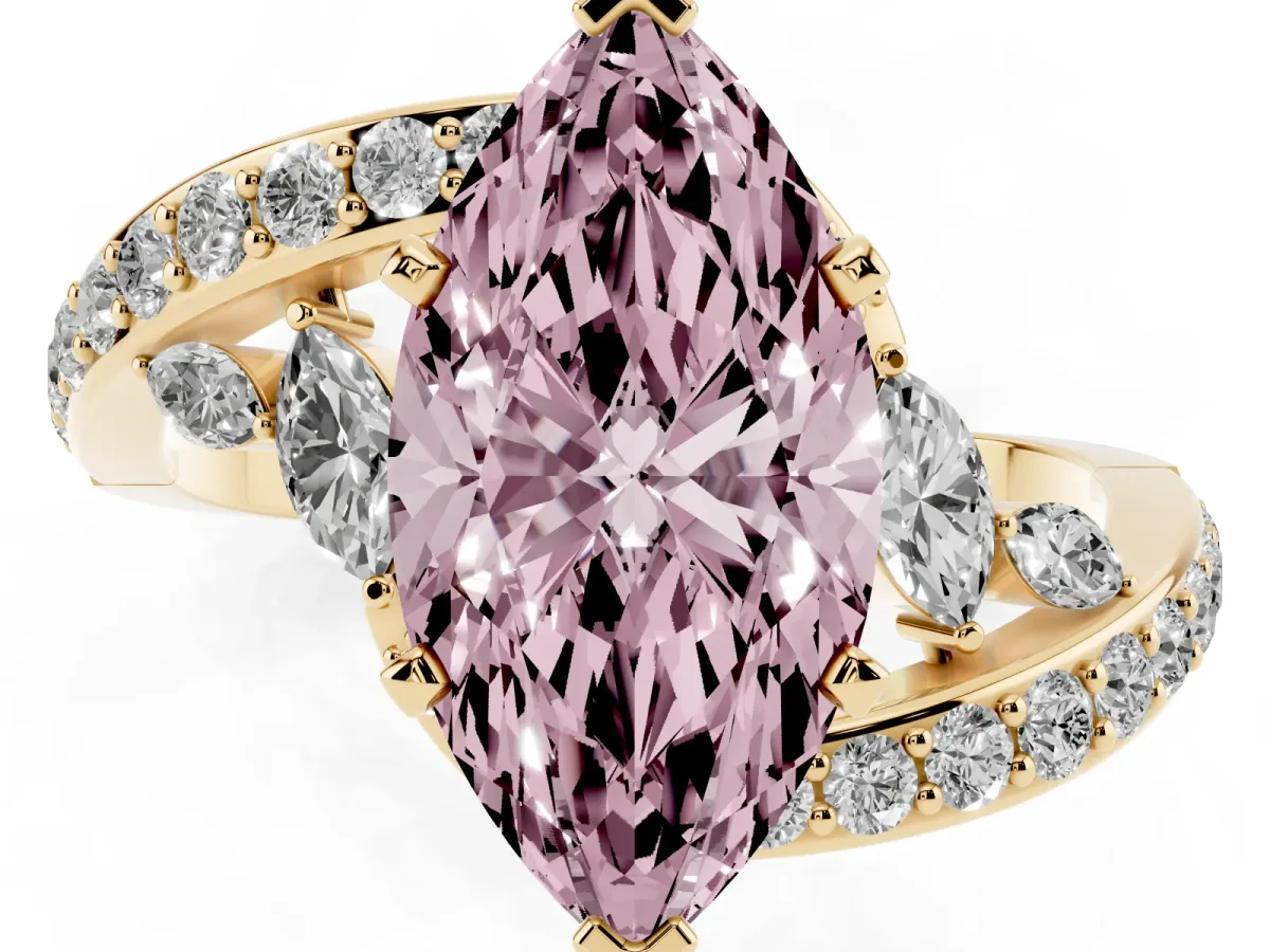 Fancy Pink Marquise Cut Solitaire with Pavé Twist Band and Four-Prong Setting Yellow gold