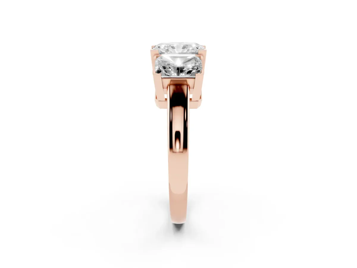 Three-Stone Radiant Cut Cut Diamond Ring with Channel Set Band and Four-Prong Setting Rose gold