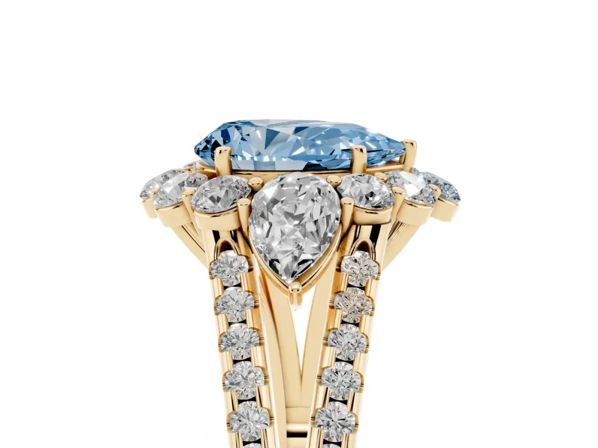 Fancy Blue Pear Cut Halo Split Shank Diamond Engagement Ring with Prong Setting Yellow gold