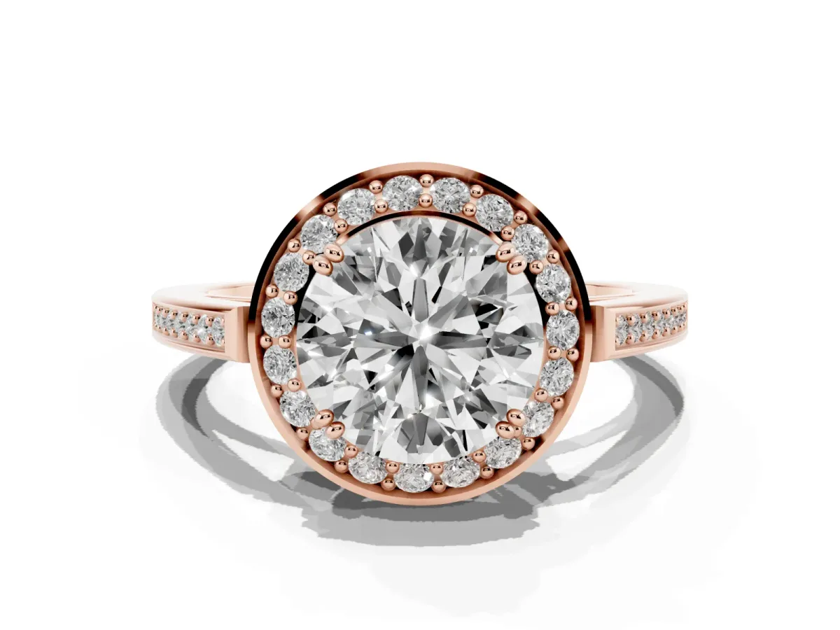 Round Cut Diamond Halo Ring with Split Shank and Four-Prong Setting Rose gold