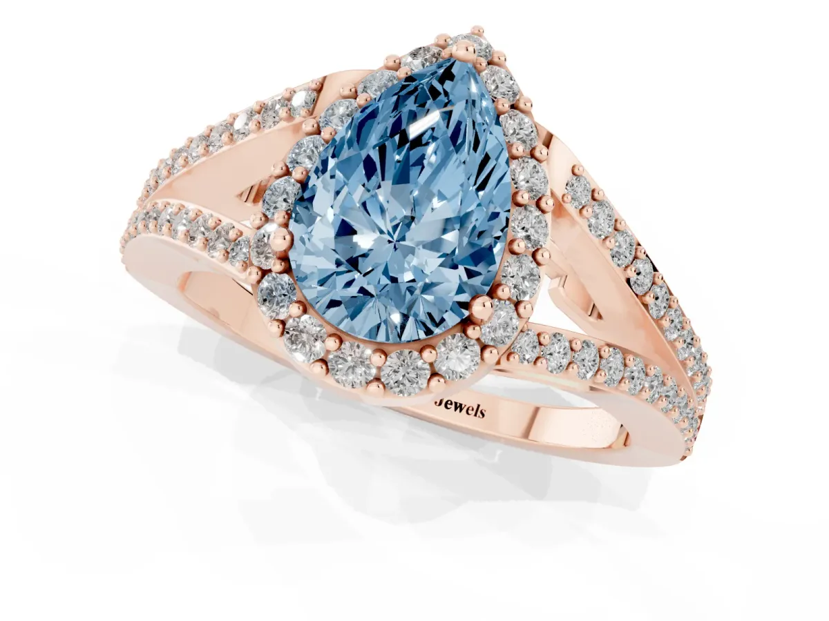 Fancy Blue Pear Cut Halo Split Shank Pave Diamond Ring with Four-Prong Setting Rose gold
