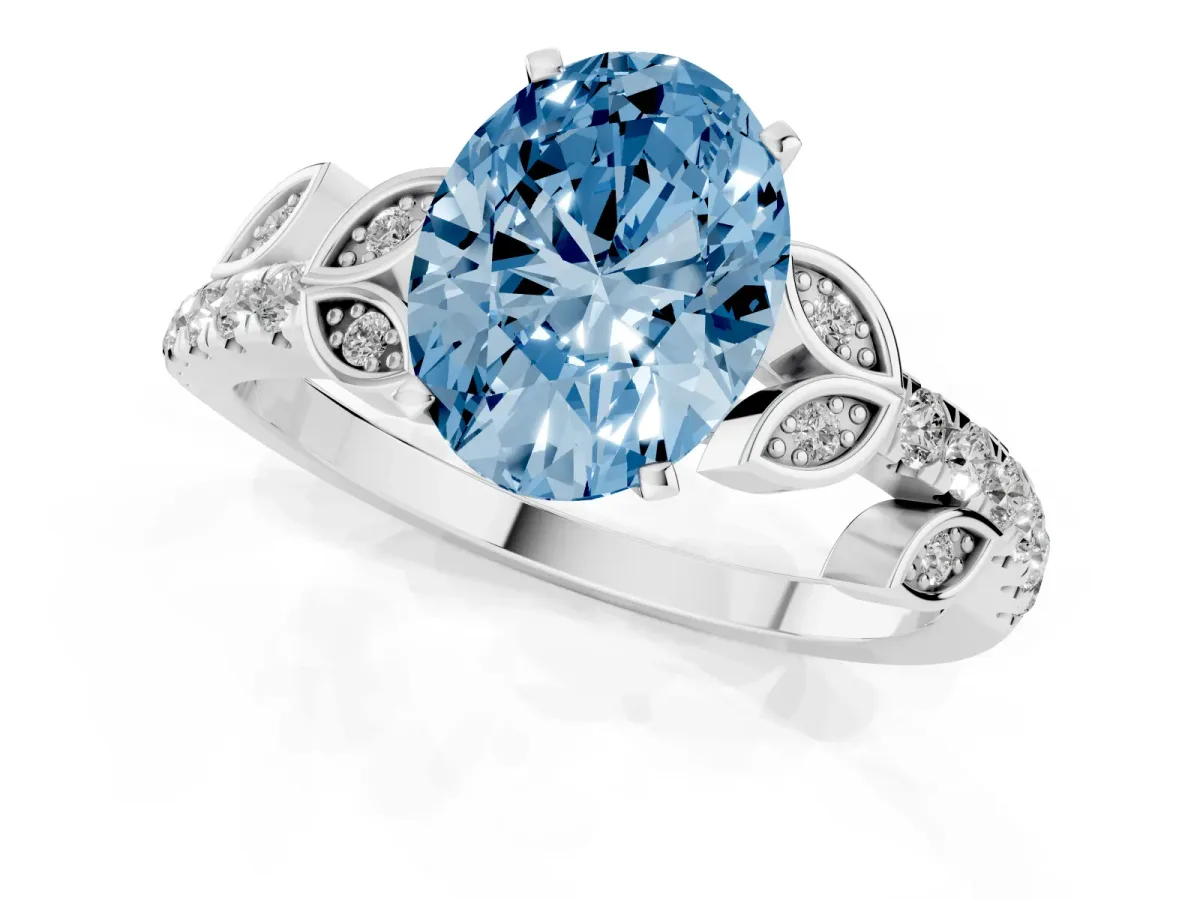 Fancy Blue Oval Cut Solitaire Leaf-Inspired Diamond Ring with Pavé Band and Four-Prong Setting Silver