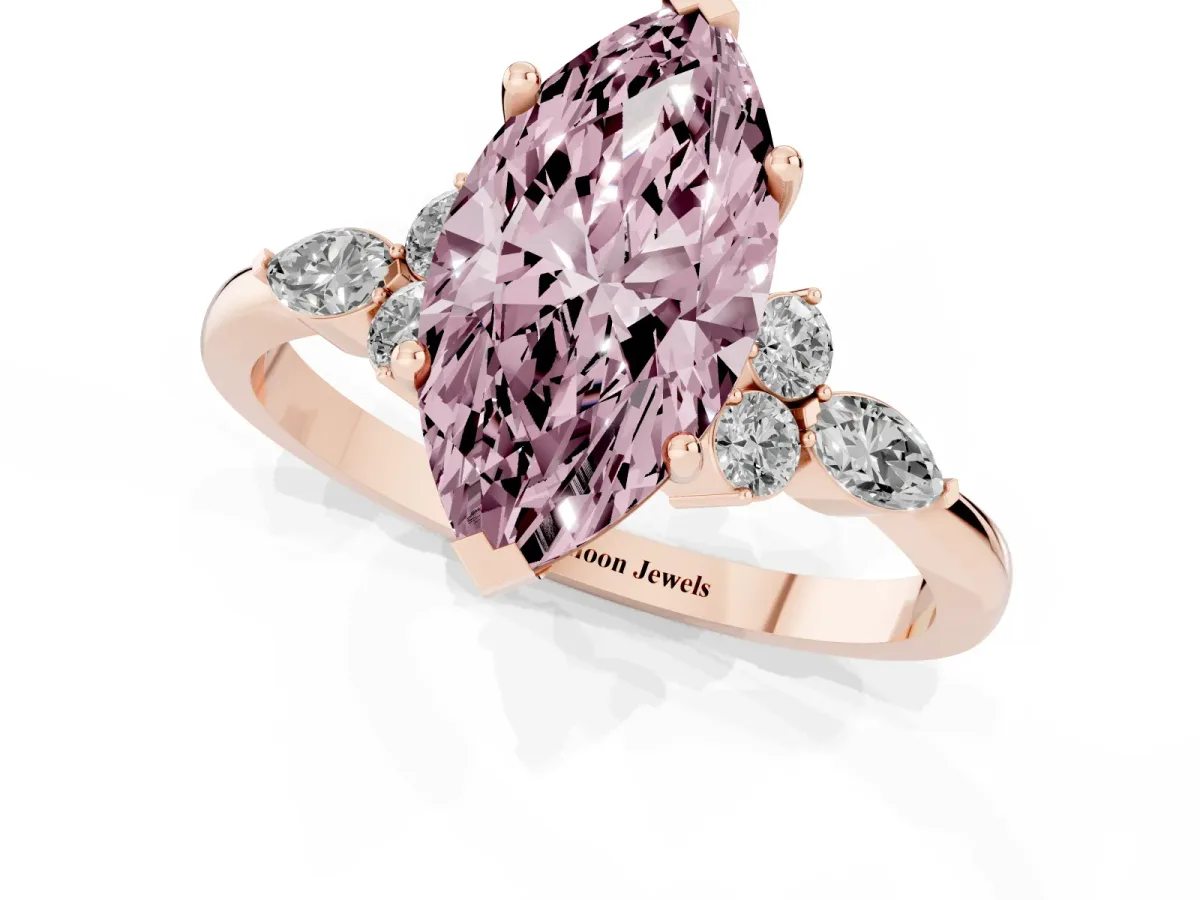 Fancy Pink Marquise Cut Brilliant Diamond Solitaire Ring with Pear Side Stones and Four-Prong Setting Rose gold
