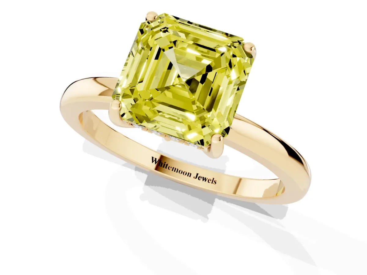 Fancy Yellow Asscher Cut Solitaire Diamond Ring with Prong Setting and Plain Band Yellow gold