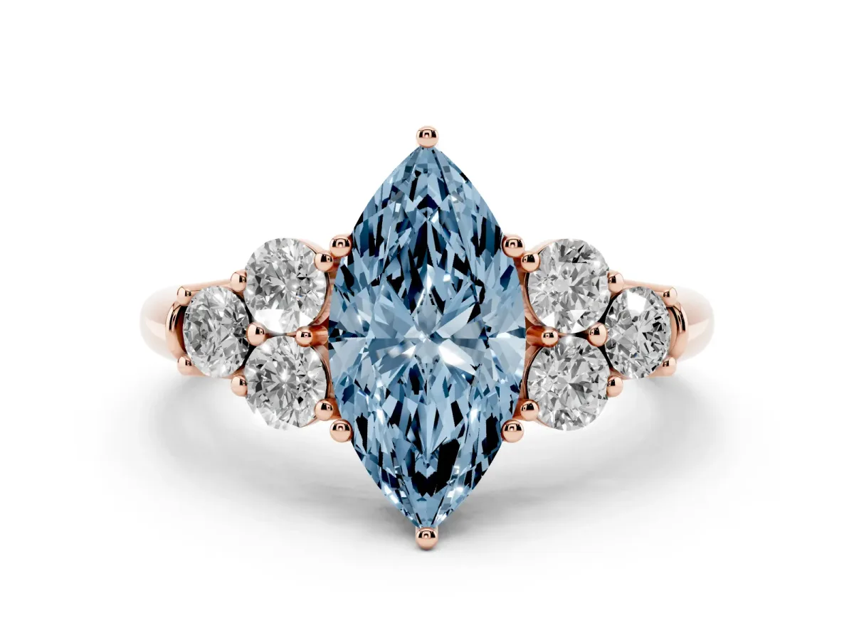 Fancy Blue Marquise Cut Cut Diamond Cluster Ring with Round Accent Stones and Prong Setting on a Classic Band Rose gold