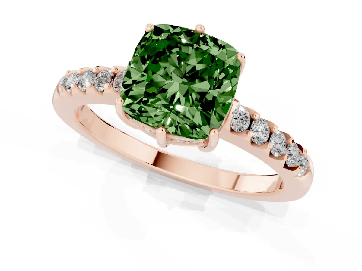 Fancy Green Cushion Cut Solitaire Diamond Engagement Ring with Pavé Band and Six-Prong Setting Rose gold