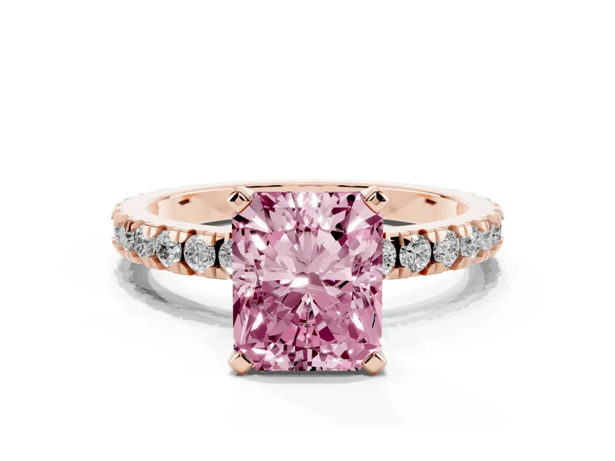 Fancy Pink Radiant Cut Diamond Pavé Band Solitaire with Four-Prong Setting Rose gold