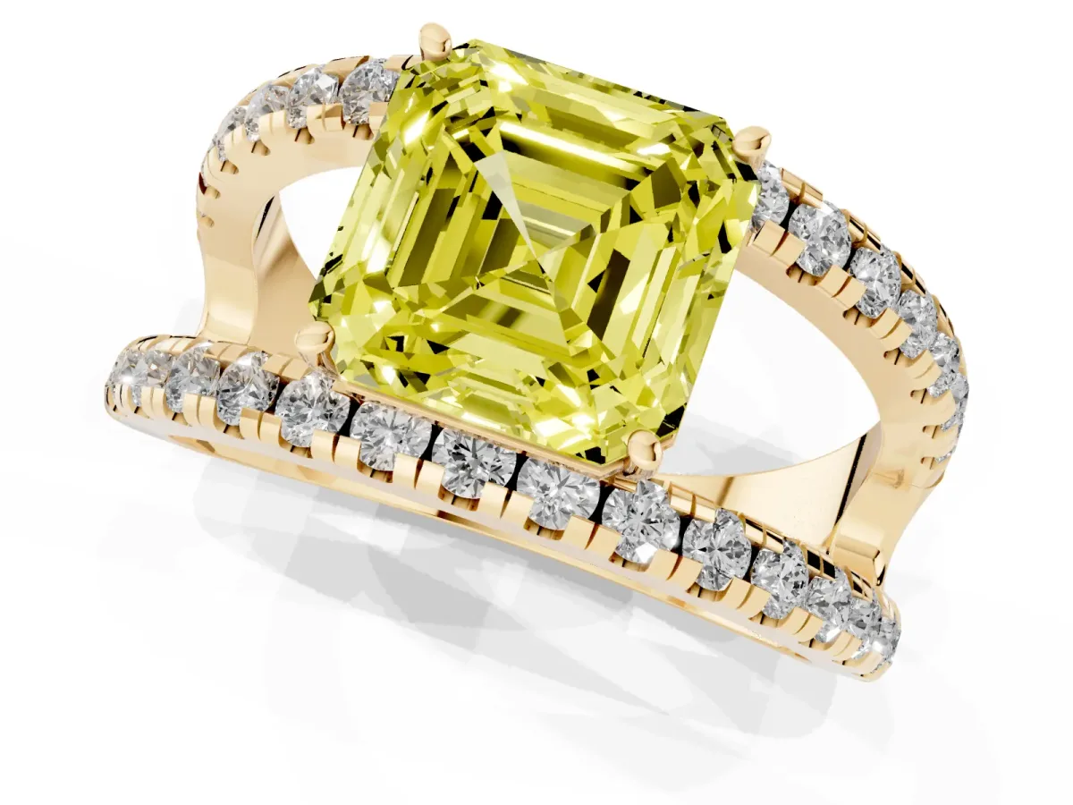 Fancy Yellow Asscher Cut Solitaire Split Shank Pave Diamond Ring Yellow gold