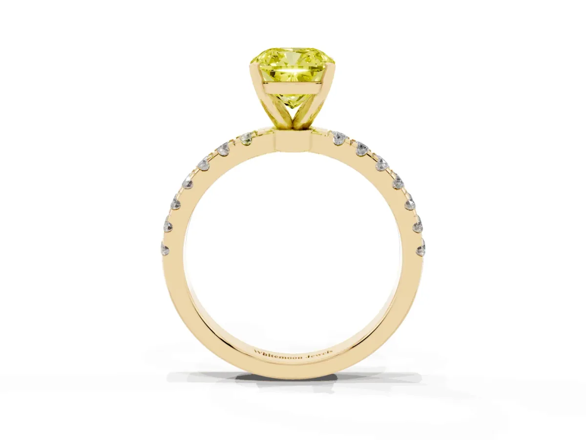 Fancy Yellow Cushion Cut Diamond Solitaire Ring with Pavé Accents and Four-Prong Setting Yellow gold