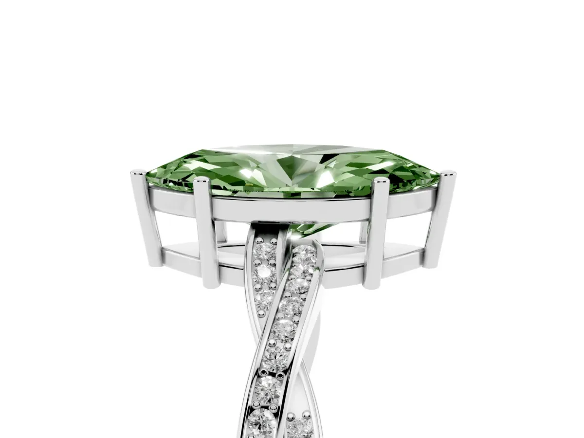 Fancy Green Marquise Cut Solitaire Twisted Pave Diamond Ring with Four-Prong Setting Silver