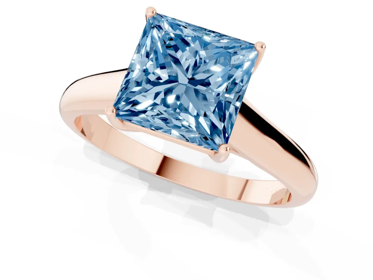 Fancy Blue Princess Cut Solitaire Engagement Ring with Tapered Band and Four-Prong Setting Rose gold