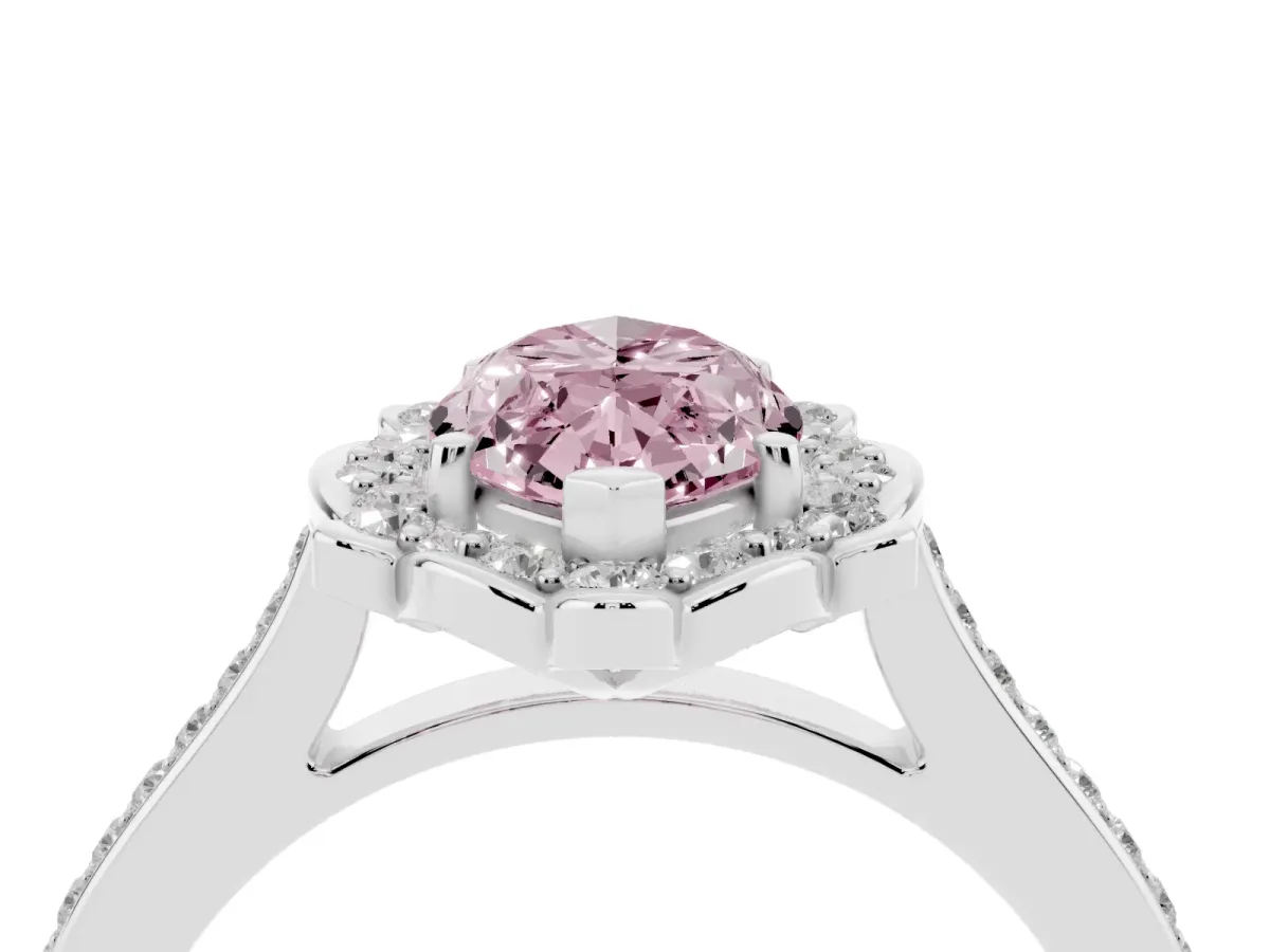 Fancy Pink Marquise Cut Halo Round Diamond Pave Band with Four-Prong Setting White gold