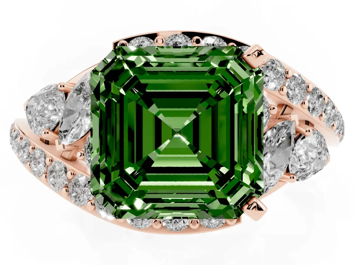 Fancy Green Asscher Cut Diamond Halo Ring with Marquise and Pavé Band in Prong Setting Rose gold