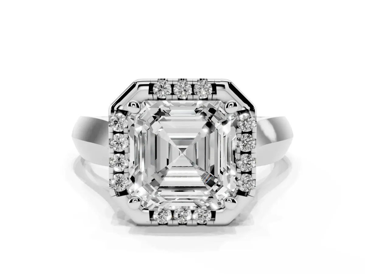 Asscher Cut Cut Halo Solitaire Engagement Ring with Square Band and Four-Prong Setting White gold