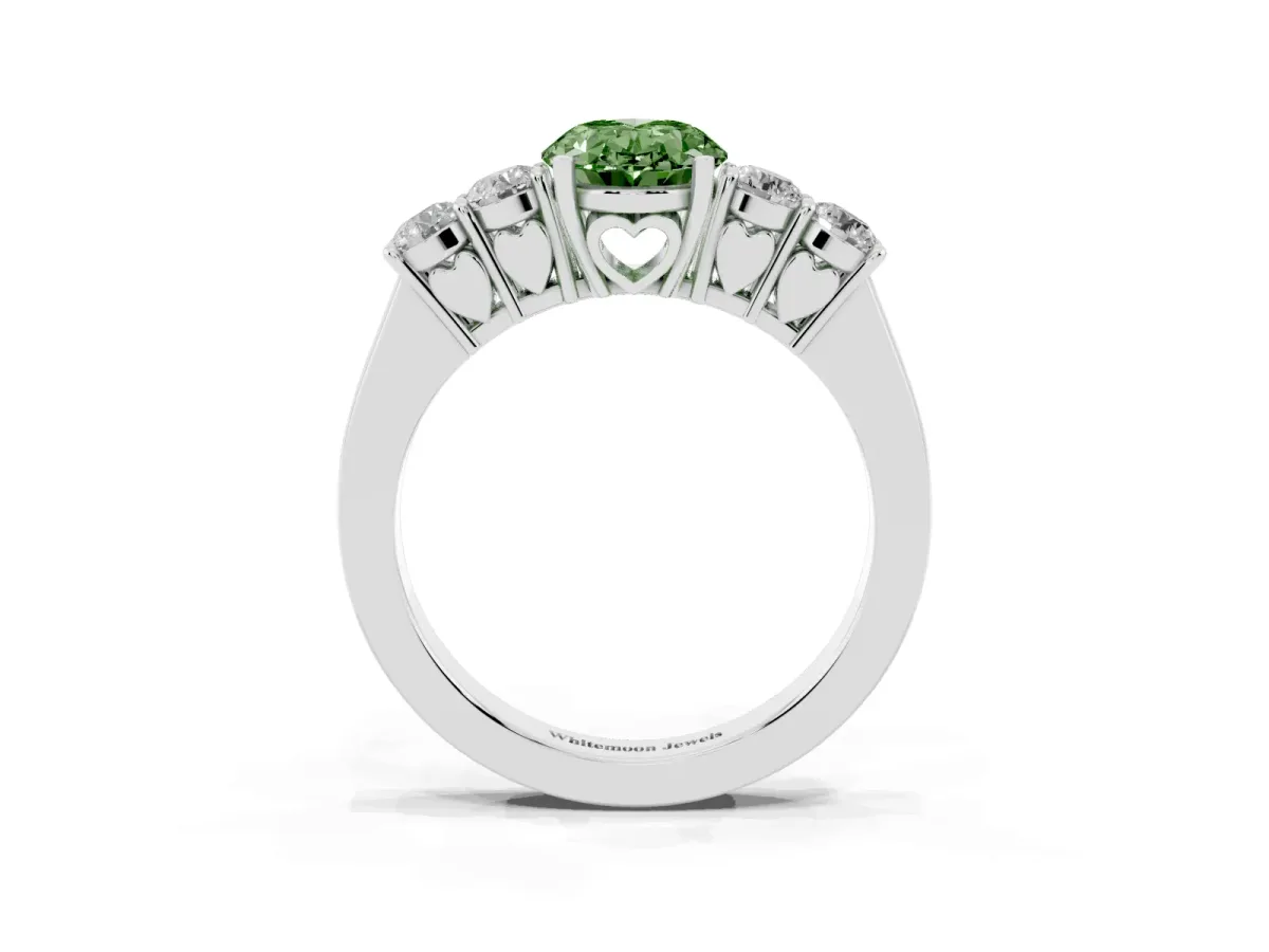 Fancy Green Oval Cut Cut Diamond Five-Stone Prong Set White Gold Ring Platinum
