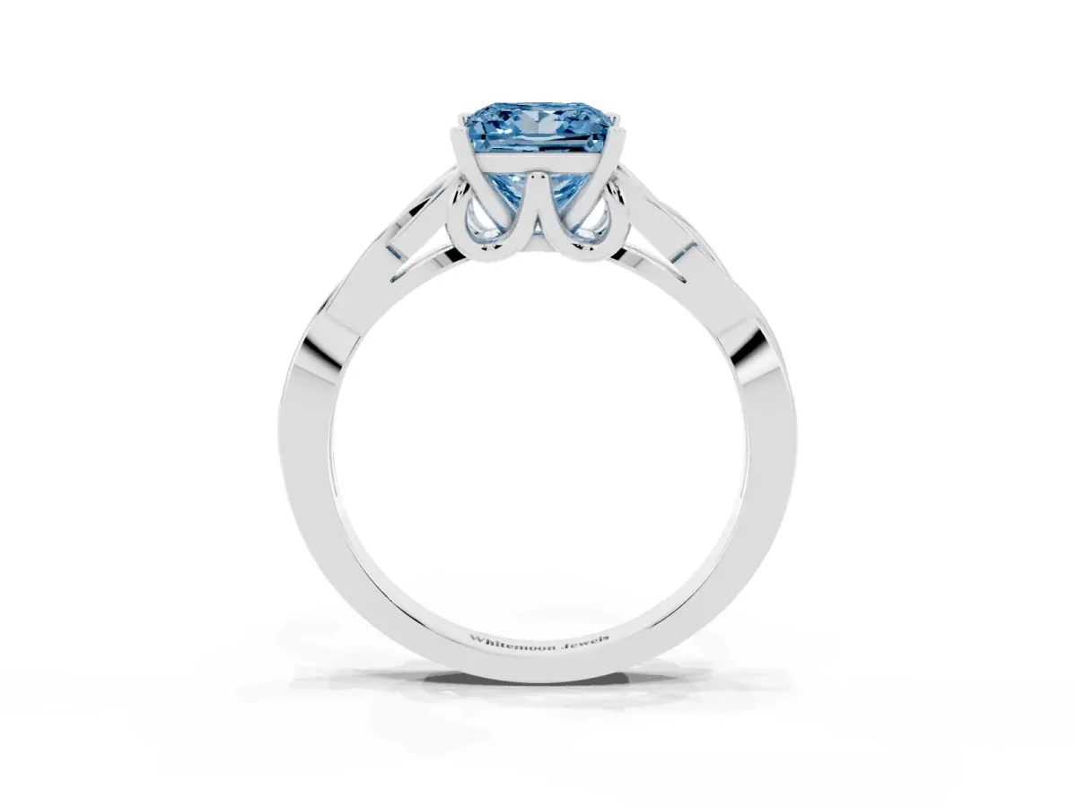 Fancy Blue Princess Cut Diamond Solitaire Engagement Ring with Celtic Knot Band and Four-Prong Setting White gold