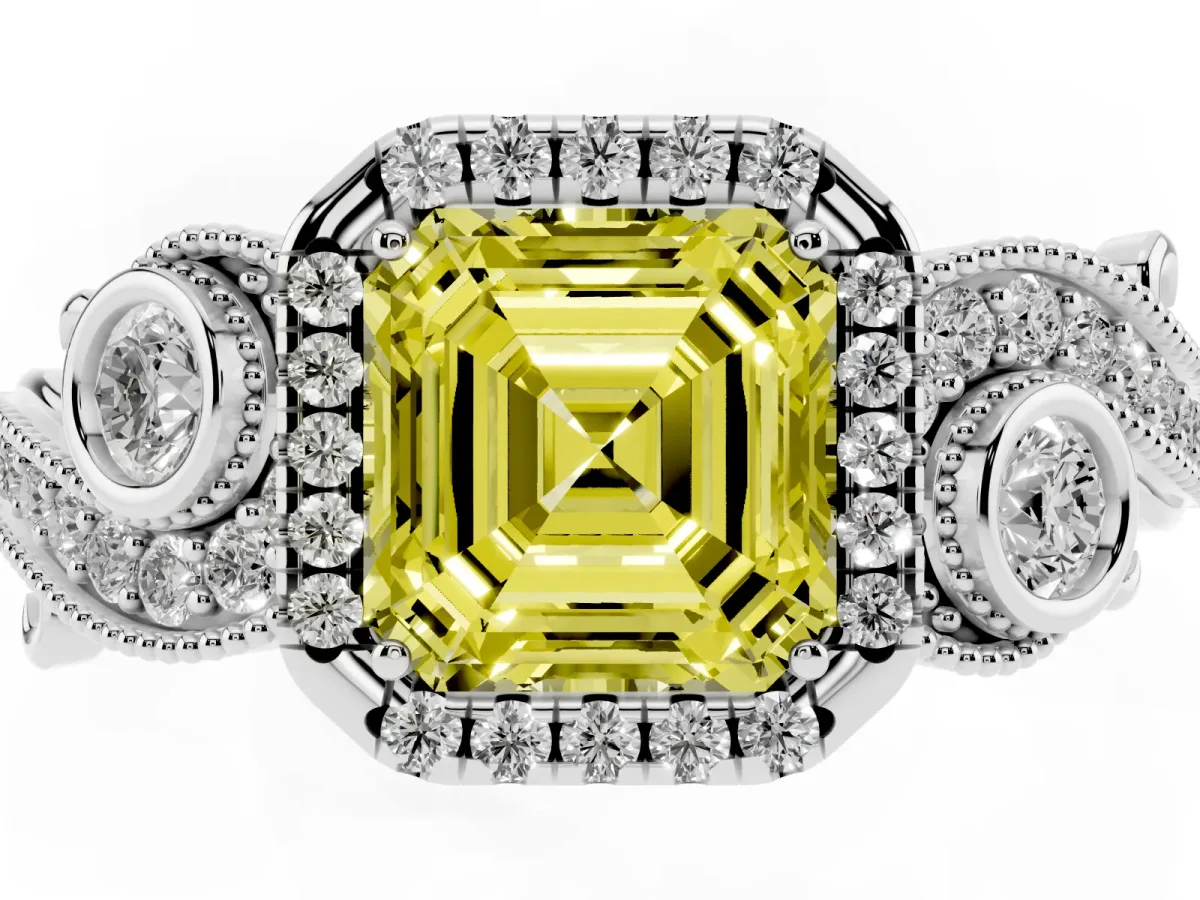 Fancy Yellow Asscher Cut Halo Diamond Ring with Milgrain and Bezel Accents on a Split Shank Band Platinum