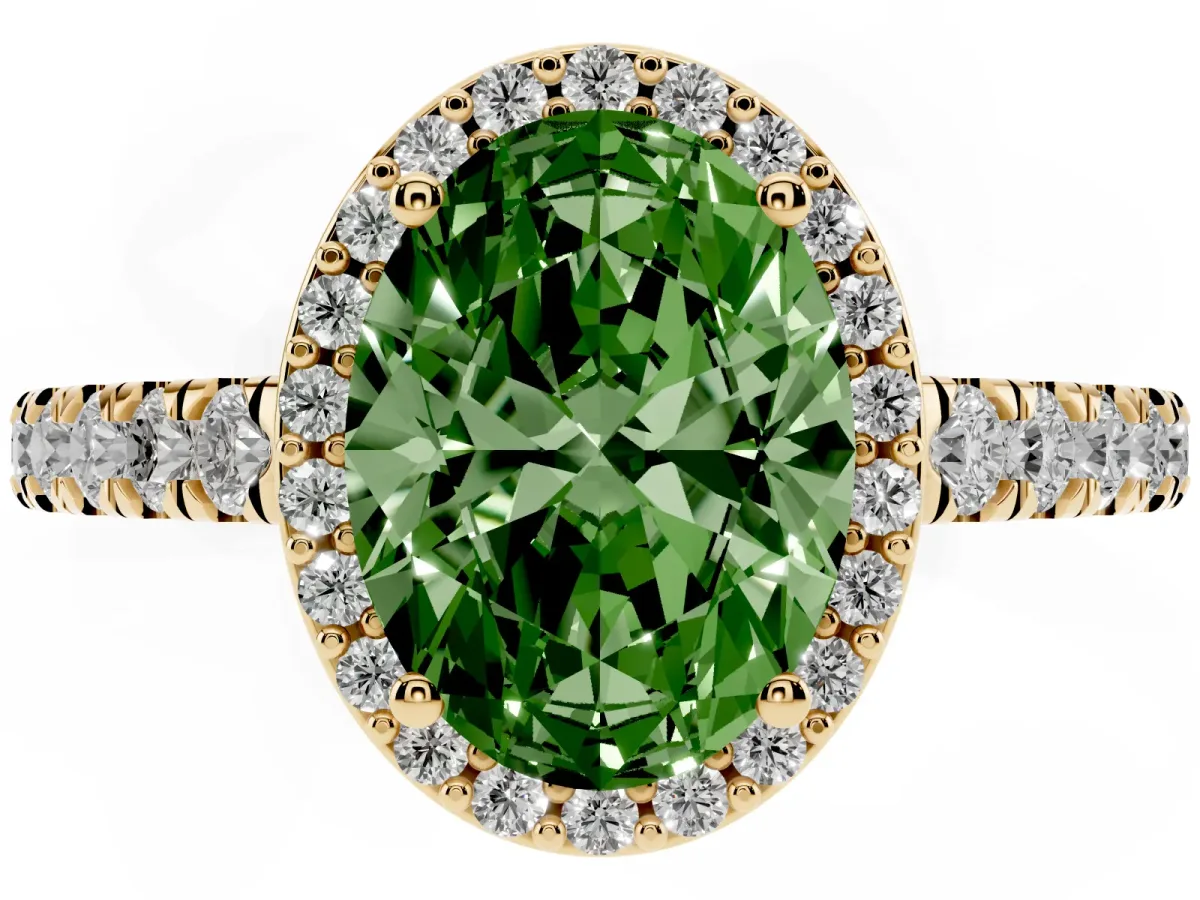 Fancy Green Oval Cut Cut Halo Diamond Engagement Ring with Pave Band and Four-Prong Setting Yellow gold
