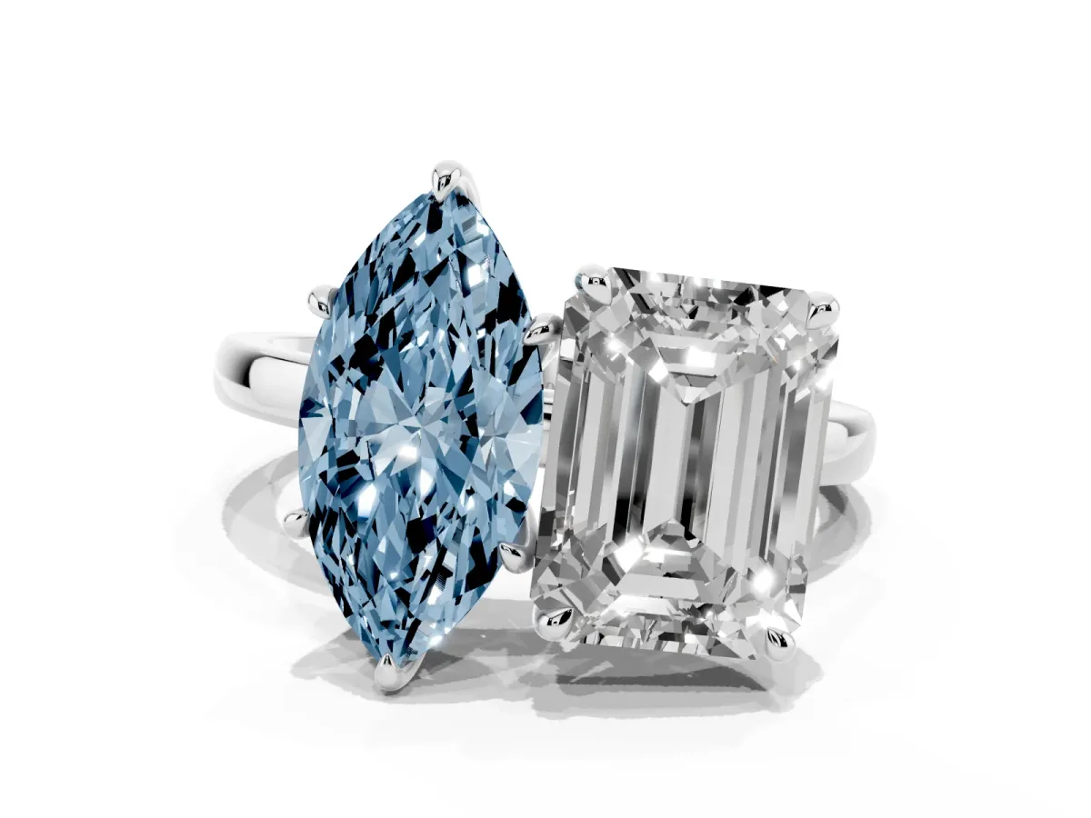 Fancy Blue Marquise Cut and Emerald Cut Toi Moi Ring with Prong Setting Silver