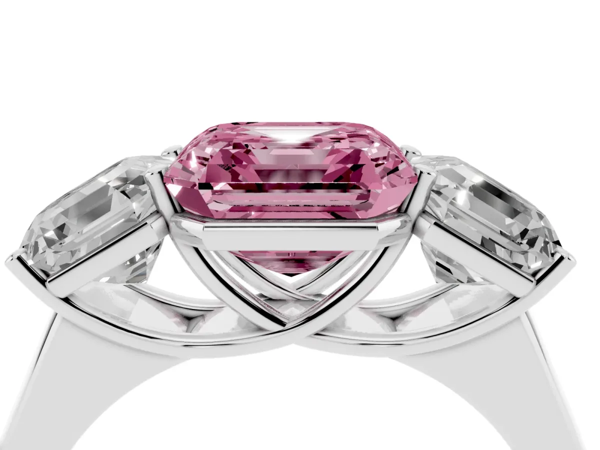 Fancy Pink Asscher Cut Three-Stone Diamond Ring with Prong Setting on a Classic Band Platinum