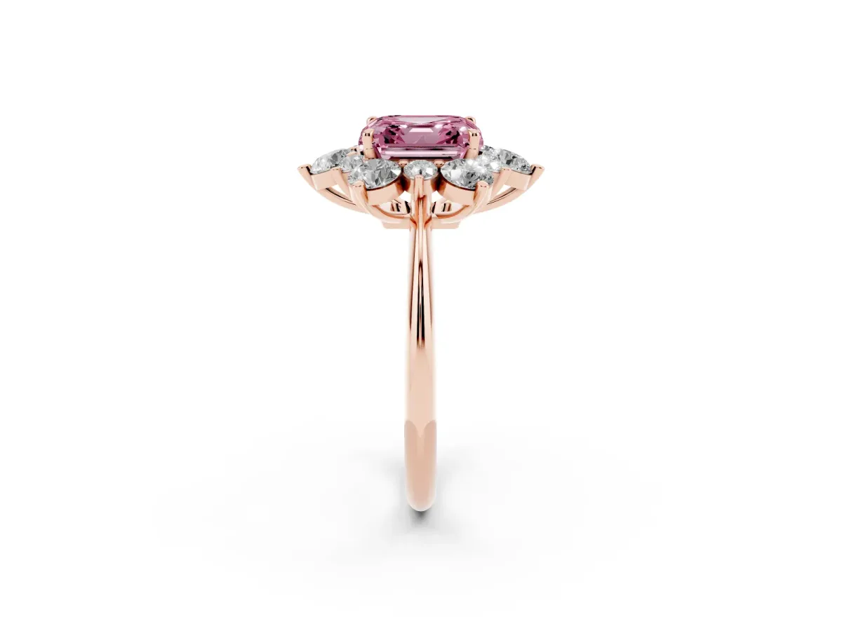 Fancy Pink Asscher Cut Diamond Cluster Halo Ring with Solitaire Band and Four-Prong Setting Rose gold