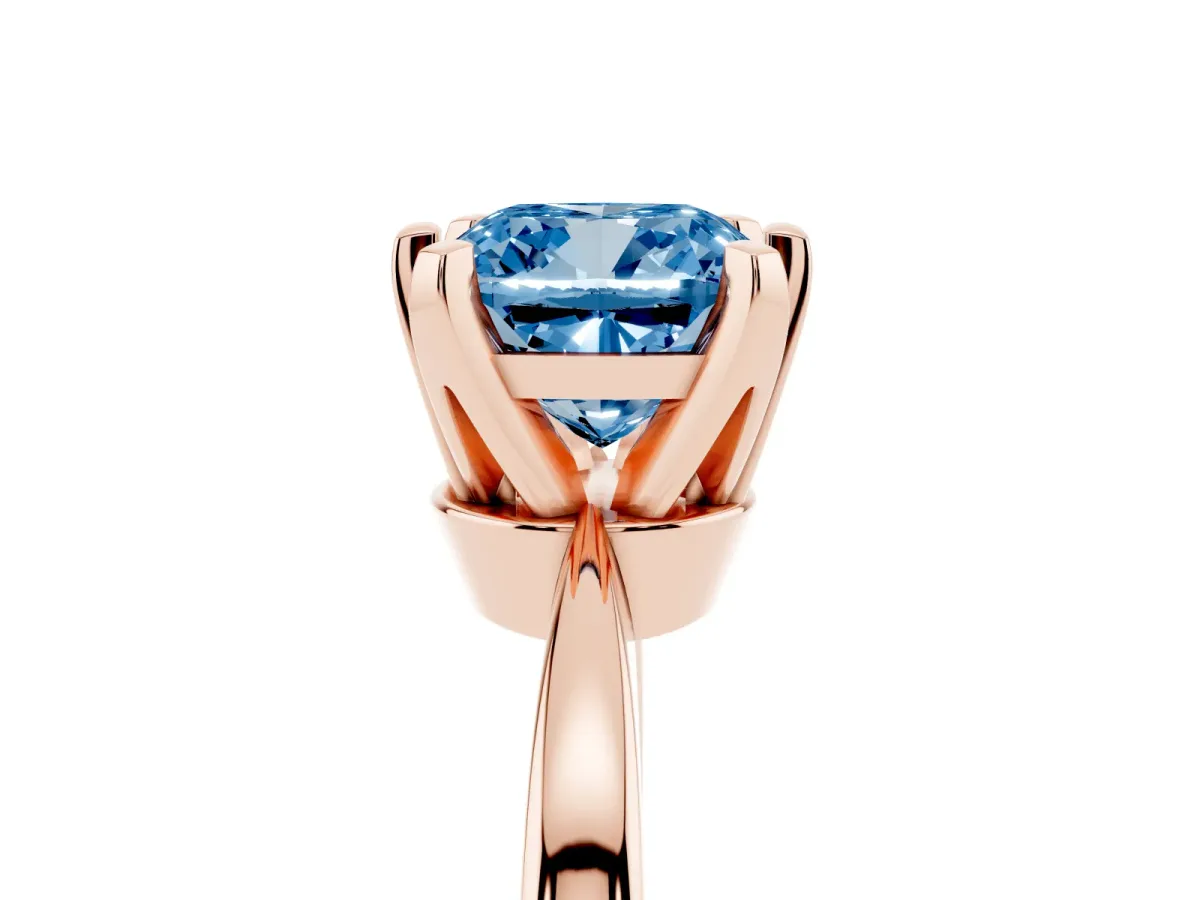 Fancy Blue Cushion Cut Solitaire Engagement Ring with Six-Prong Setting and Tapered Band Rose gold